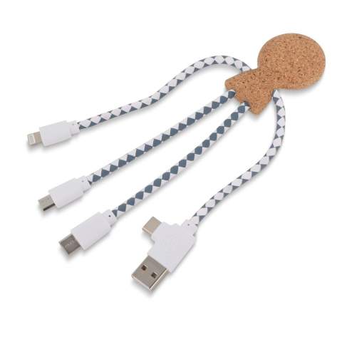 Mr. Bio Cork is onze nieuwste multi-oplaadkabel, met een dubbele USB &amp; USB-C ingangsconnector en drie connectoren om je apparaten op te laden. Hij is gemaakt van kurk en DuPont Tyvek kabels. Hij is verpakt in een stijlvolle, duurzame envelop van FSC-papier.