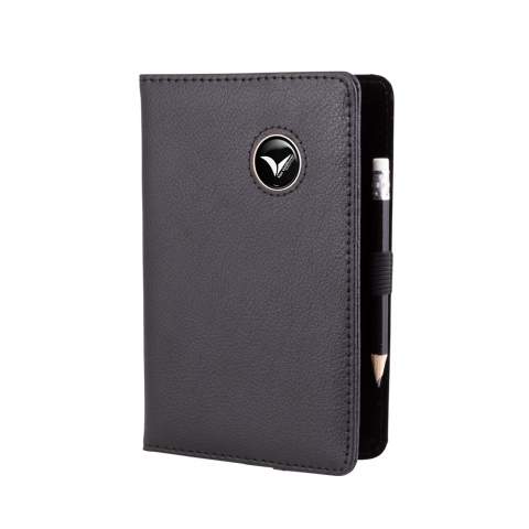 Leather scorecard holder with a metal plate with doming and black pencil with eraser