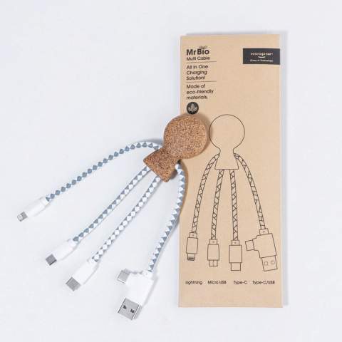 Mr. Bio Cork is onze nieuwste multi-oplaadkabel, met een dubbele USB &amp; USB-C ingangsconnector en drie connectoren om je apparaten op te laden. Hij is gemaakt van kurk en DuPont Tyvek kabels. Hij is verpakt in een stijlvolle, duurzame envelop van FSC-papier.