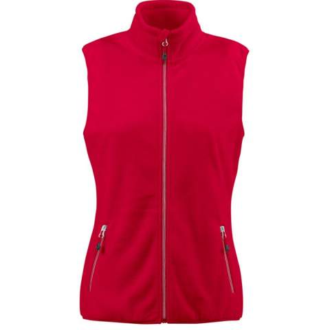 Geborstelde bodywarmer met lange ritssluiting voor dames en heren. Geborsteld aan beide zijden. Twee voorzakken, contrasterende ritssluitingen en decoratieve stiksels. Elastische tape aan de boord onderaan.
