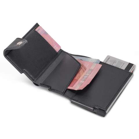 Sophisticated aluminum card holder with stylish leatherette wallet. The card holder protects your cards against RFID skimming. Simply push the button and retrieve up to six cards (four with embossing). The wallet can hold another credit card and bank notes.