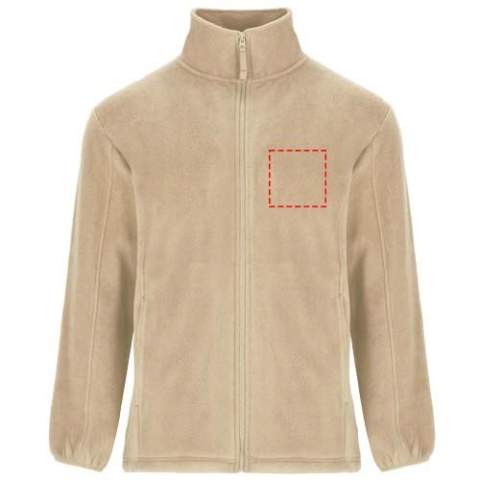 Fleece jacket with high lined collar and matching reinforced covered seams. Injected zip with matching puller made of fabric. Side pockets. Cuffs with elastic trim. Bottom hem with inner side adjusters. Removable label. The model is 185 cm and is wearing size M.