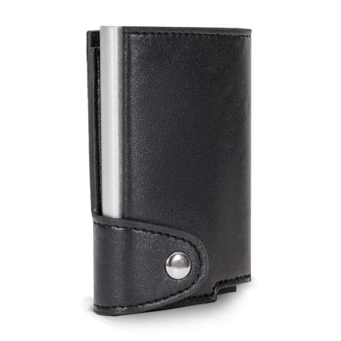 Sophisticated aluminum card holder with stylish leatherette wallet. The card holder protects your cards against RFID skimming. Simply push the button and retrieve up to six cards (four with embossing). The wallet can hold another credit card and bank notes.