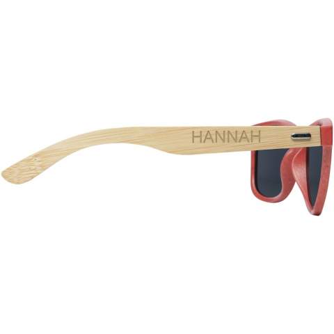 These sustainable retro-designed sunglasses are the ideal promotional giveaway during summer festivals, events or other sunny outdoor activities. The frame is made from a plastic and bamboo mix reducing the use of virgin plastics, and is available in several on-trend colour options. The temples with a light and comfortable fit are made from bamboo which is from sustainable, environmentally and socially responsible sources. This eyewear conforms to EN ISO 12312-1, has UV400 lenses which are rated as Category 3, making it the perfect choice for protection against bright sunlight. Laser engraving is recommended as a sustainable decoration option.