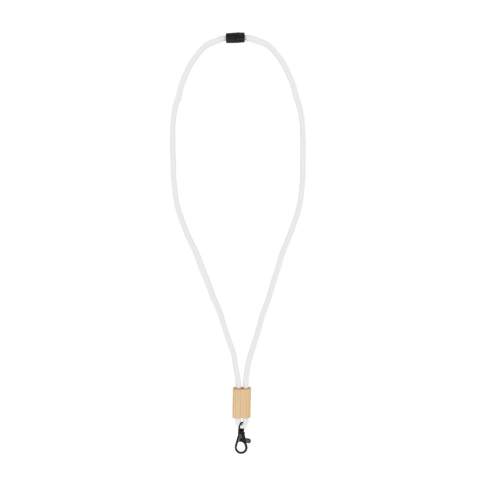 Kordel-Lanyard aus R-PET Paracord mit Kunststoff-Sicherheitsverbindung und schwarzem Karabiner und Panikverschluss. Das Schlüsselband ist mit einem Bambusschieber verstellbar, der viel Platz für das Branding bietet.