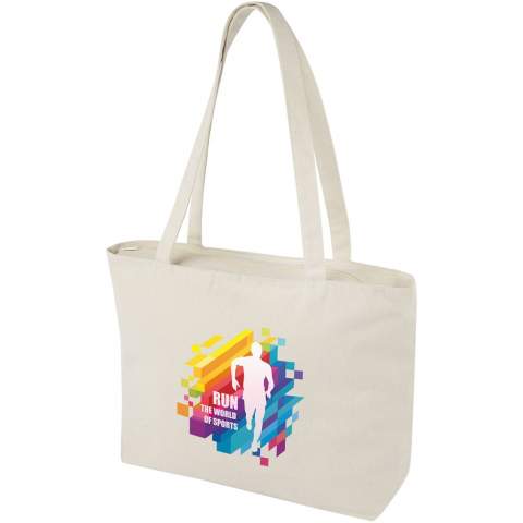 The clean design of the Ningbo gives this tote bag large imprint areas and is, therefore, a fantastic option for meetings, conventions and trade shows. The tote bag consists of 320 g/m² cotton, making it tremendously strong and suitable for carrying heavy items. The tote bag closes with a zipper, keeping the contents well protected. With 31.5 cm long handles, the Ningbo tote bag is easy to carry over the shoulder. Resistance up to 10 kg weight.