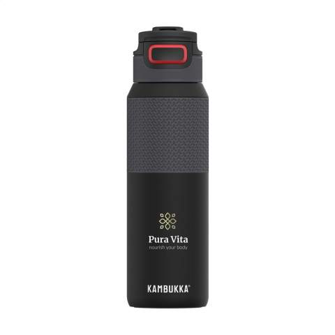 Vacuum insulated 18/8 stainless steel water bottle made by Kambukka® • excellent quality • BPA-free • keeps drinks cool for up to 48 hours • 3-in-1 lid with 2 drinking positions: just push to take a quick sip, or open it completely to drink just as comfortably as from a mug, without spilling • easy to clean thanks to Snapclean®: just pinch and pull to remove the inner, dishwasher-safe mechanism • universal lid: also fits on other Kambukka® drinking bottles • the lid is dishwasher-safe - wash the bottle by hand • carrying handle • handy rubberized grip • non-slip base • 100% leakproof • capacity 1,000 ml. The lid is designed for quick drinking of cold drinks and is therefore not suitable for drinking hot and warm drinks.     STOCK AVAILABILITY: Up to 1000 pcs accessible within 10 working days plus standard lead-time. Subject to availability.