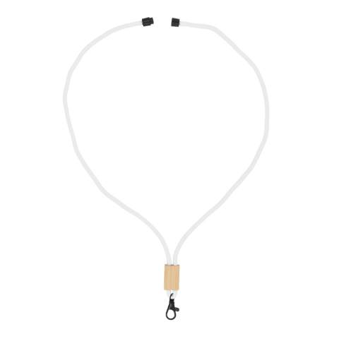 Kordel-Lanyard aus R-PET Paracord mit Kunststoff-Sicherheitsverbindung und schwarzem Karabiner und Panikverschluss. Das Schlüsselband ist mit einem Bambusschieber verstellbar, der viel Platz für das Branding bietet.