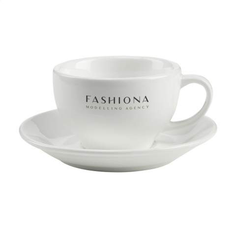 High-quality ceramic cup and saucer, ideal for cappucinos. Dishwasher safe. Capacity 210 ml. The imprint is dishwasher tested and certified: EN 12875-2. Dim. cup 6 x Ø 9.5 cm. Dim. saucer Ø 14 cm.