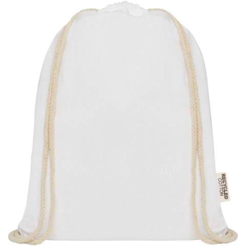 The Oregon drawstring bag made from 100% GRS certified recycled cotton is easy to hand out as a gift to promote your brand or marketing campaign. This lightweight bag is budget-friendly, easy to carry on the back or on the shoulder and offers enough space for adding a logo or other messages. The drawstring makes it easy to open and close, and the 140 g/m² cotton material is strong and durable. Large main compartment with cotton drawstring closure. Resistance up to 5 kg weight.
