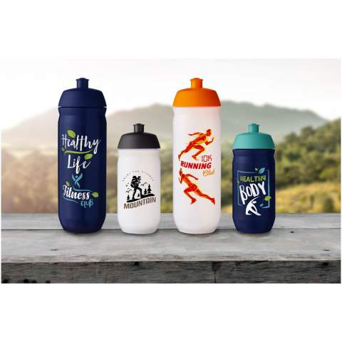 Single-walled sport bottle with a screw-fix pull-up lid. Made from flexible MDPE plastic, this squeezy bottle is perfect for sporting environments. Volume capacity is 500 ml. Made in the UK. BPA-free. EN12875-1 compliant and dishwasher safe.