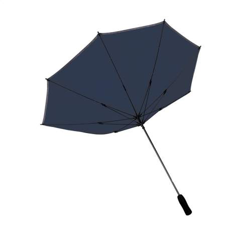 Parapluie anti-vent, léger avec bord réfléchissant, toile en polyester 190T, cadre en fibre de verre, manche en métal, poignée douce et fermeture par bande auto-agrippante.