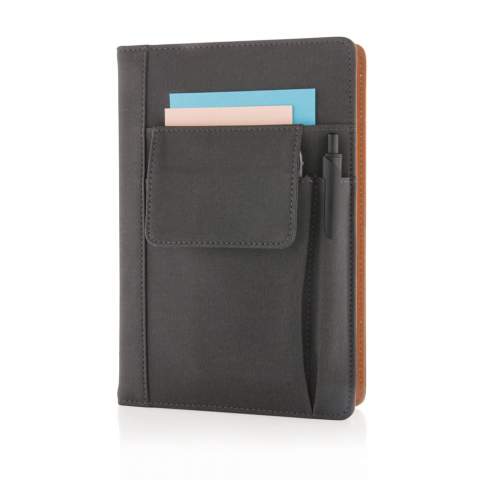 Coated PU notebook cover with a front phone pocket (14 x 10cm), pen pocket and one main pocket . Black page divider and 160 pages of 80g/m2 paper inside. This notebook cover can be re-used with new A5 notebook paper for endless writing.<br /><br />NotebookFormat: A5<br />NumberOfPages: 160<br />PaperRulingLayout: Lined pages