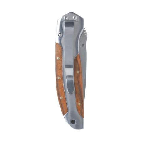 Robust stainless steel survival knife with serrated edge blade, wooden inlay in the handle and handy clip. Please note local rules may apply regarding the possession and/or carrying of knives or multitools in public.. Each item is supplied in an individual brown cardboard box.