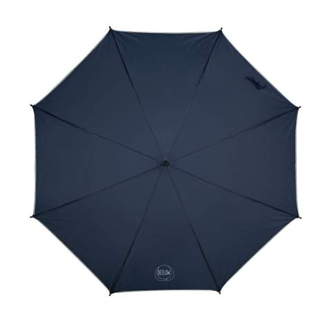 Parapluie anti-vent, léger avec bord réfléchissant, toile en polyester 190T, cadre en fibre de verre, manche en métal, poignée douce et fermeture par bande auto-agrippante.