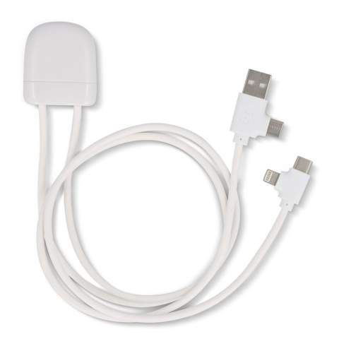 De 27Watt ICE-C oplaadkabel is onze nieuwste multi-oplaadkabel, met een dubbele USB &amp; USB-C ingang en een dubbele USB-C &amp; lightning uitgang. De kabel heeft een lengte van twee keer 50 cm en ondersteunt gegevensoverdracht en autoplay. De totale gerecyclede inhoud is 55% gebaseerd op het gewicht van het artikel. De kabel is verpakt in een duurzame FSC-gecertificeerde papieren envelop.