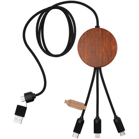 5-in-1 recycled PET light-up logo charging cable and 10W bamboo charging pad. Features 3 connectors (type C, micro USB, iPhone) and a dual USB connector for universal use. Delivered in a TPU pouch with a kraft paper card. Cable length: 1 metre. Includes 3 year warranty.