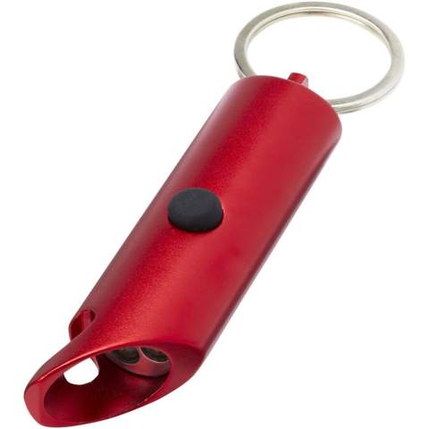 Helder led-sleutellampje met flesopener, aan/uit-knop en een gespleten ijzeren sleutelhanger. Het is gemaakt van lichtgewicht en sterk 63% RCS-gecertificeerd gerecycled aluminium. De Recycled Claim Standard (RCS) controleert de gerecyclede inhoud van een product in de hele toeleveringsketen. Verkrijgbaar in verschillende opvallende kleuren met een metallic afwerking, waardoor een gedrukt logo mooi opvalt. Wordt geleverd met drie LR44-batterijen.