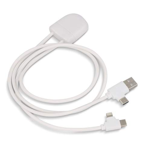 De 27Watt ICE-C oplaadkabel is onze nieuwste multi-oplaadkabel, met een dubbele USB &amp; USB-C ingang en een dubbele USB-C &amp; lightning uitgang. De kabel heeft een lengte van twee keer 50 cm en ondersteunt gegevensoverdracht en autoplay. De totale gerecyclede inhoud is 55% gebaseerd op het gewicht van het artikel. De kabel is verpakt in een duurzame FSC-gecertificeerde papieren envelop.