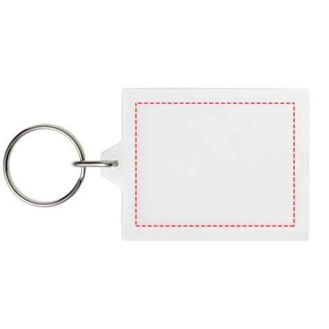 Transparenter, rechteckiger E1-Schlüsselanhänger mit metallenem Schlüsselring. Der Metallring bietet ein flaches Profil, das sich ideal für Mailings eignet. Abmessungen der Druckeinlage: 4,5 cm x 3,5 cm.