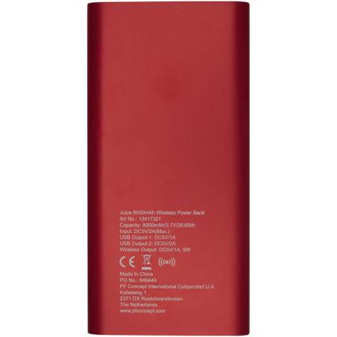 8000 mAh Powerbank mit Aluminiumgehäuse. Unterstützt kabelloses Laden mit 5 W und wird auch mit Mikro-USB-Ausgang geliefert, um das Aufladen per Kabel zu ermöglichen. Mit dem 8000 mAh Lithium-Polymer-Akku kann ein Smartphone mehrmals vollständig aufgeladen werden. Leistungsanzeige, die jederzeit den Energiepegel anzeigt. Mikro-USB-Anschluss: 5 V/2 A Ausgang: 5 V/2A. Kabelloser Ausgang 5 W. Inklusive PVC-freiem TPE Kunststoff Ladekabel. Lieferung in einer Standard-Geschenkbox.
