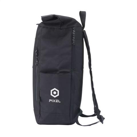 WoW! Practical, sturdy and water-resistant "roll-top" cooler backpack made from RPET polyester (made from recycled PET bottles). This backpack has a large inner compartment with a special cooling section. The cooling section is easily accessible via the top of the bag or via a practical and waterproof zip at the rear. The ideal bag for outdoor activities, picnics and food delivery. Includes a zip pocket on the front, two side pockets, padded foam back, adjustable shoulder straps, carrying loop and handy roll closure with secure clip. The perfect bag made with a minimal ecological footprint. Capacity approx. 30 litres.