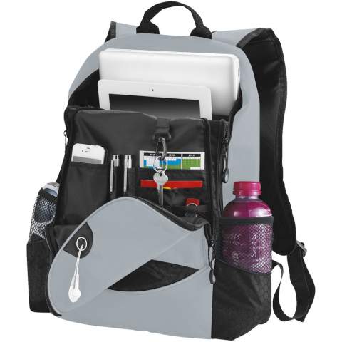 Zippered main compartment holds most 15" laptops and includes padded compartment for your iPad or tablet. Large front zippered pocket has organization and earbud access. Features two side pockets. Reinforced carry handle and adjustable padded shoulder straps. Accessories not included.