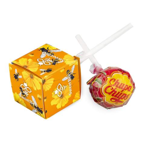 Doosje voorzien van een all-over full colour bedrukking, gevuld met 1 Chupa Chup lolly. Wordt geleverd in assorti kleuren en smaken