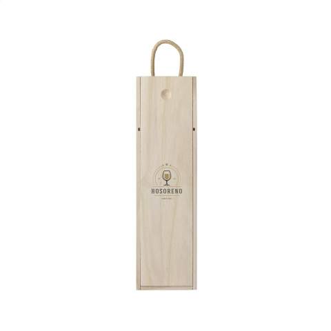 Wine box made of Paulownia wood. With sliding lid and cord. Suitable for 1 bottle of wine (0.75L). The wine box does not include wine. Each item is supplied in an individual brown cardboard box.