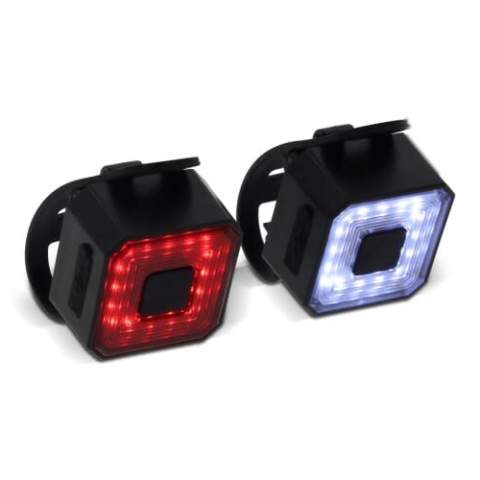 Set of 2 recharchable bikelights. A USB charging cable is included.