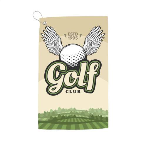 Golf towel including your own unique full colour print. Made from 40% microfibre and 60% cotton (400 g/m²). This quality golf towel features an eyelet with carabiner so that you can clip to your golf bag for easy access during your round of golf. This towel is lightweight and absorbs moisture quickly. Each piece packed in cellophane.