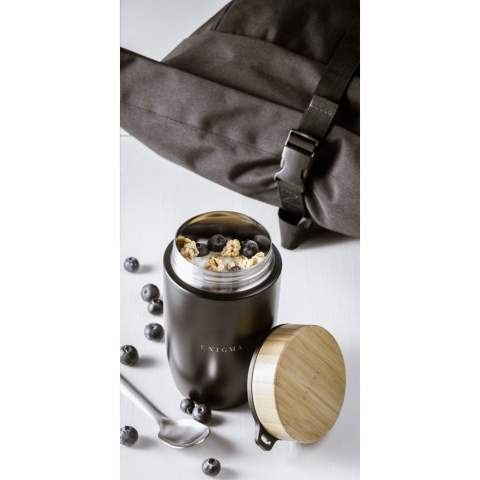Double-walled, vacuum-insulated stainless-steel food container with bamboo screw cap and loop to carry the stainless-steel spoon included with this set. This container is leak-proof and has a large opening for easy access. Ideal for transporting hot drinks, soup, yogurt, fruit etc. This container keeps the contents warm for up to 8 hours or cool for up to 24 hours. A beautifully designed product with a natural look. Capacity 500 ml. Each item is supplied in an individual brown cardboard box.