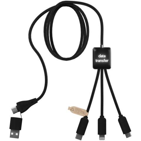 5-in-1 recycled PET light-up logo charging and data transfer cable with squared plastic casing. The light-up logo is visible on both sides. Features 3 connectors (type-C, Micro USB, iPhone) and a dual USB connector for universal use. The cable allows data transfer on each of the tips and for any type of device (USB-C + Lightning + Micro USB). Delivered in a TPU pouch with a kraft paper card. Cable length: 1 metre. Includes 3 year warranty.