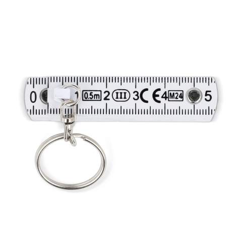 Compact folding ruler key chain with a total, unfolded length of 0.5m. Calibrated for accurate measurements, it's perfect for quick tasks on the go. Conveniently folds for easy storage and portability.
