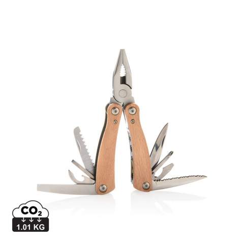 Strong and durable multitool with 13 functions. With beech wood case and high quality stainless steel tools. Tools include: Long nose pliers, standard pliers, wire cutters, serrated blade, bottle opener, large flat screwdriver, phillips screwdriver, knife, saw, small flat screwdriver, can opener, medium flat screwdriver, file. Packed in gift box.