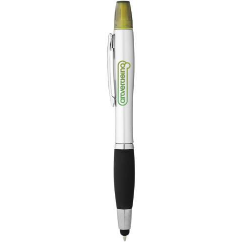 Twist action mechanism stylus ballpoint pen with highlighter and soft touch grip.
