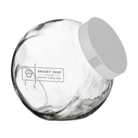Glass candy jar. Can be closed with a silver-coloured, plastic lid. Capacity 2,000 ml.