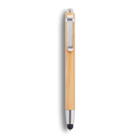 Stylo tactile en bambou avec embout stylet et stylo bille intégré.