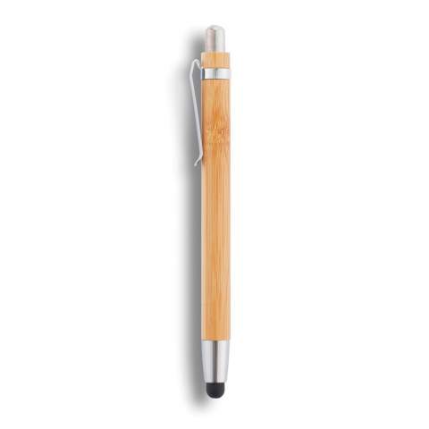 Touch Pen aus Bambus mit integriertem Stylus und schwarzschreibendem Kugelschreiber.
