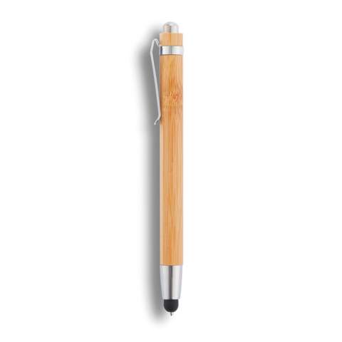 Touch Pen aus Bambus mit integriertem Stylus und schwarzschreibendem Kugelschreiber.