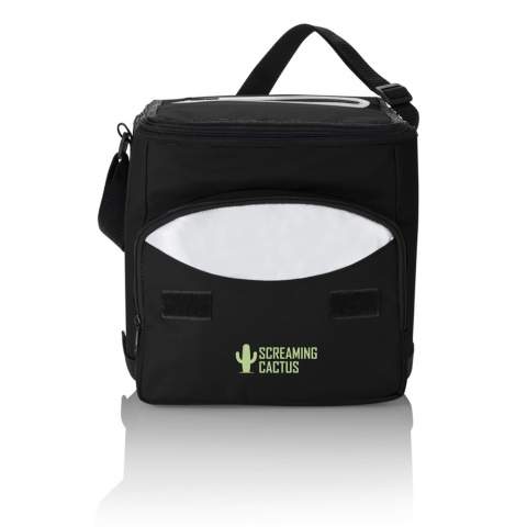600D cooler bag with silver lined insulation inside to keep all your food and beverages cold. On the front there’s one additional pocket with printed colour detail around the zipper for storing your other belongings.