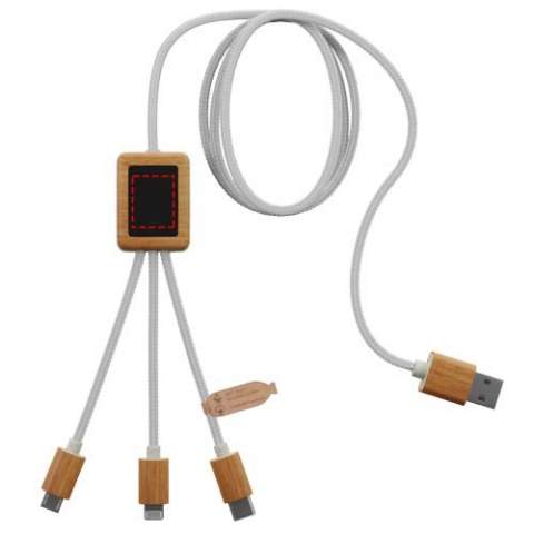 3-in-1 recycled PET light-up logo charging cable with squared casing made from bamboo and recycled ABS plastic. The light-up logo is visible on both sides. Features 3 connectors (type-C, Micro USB, iPhone). Up to three devices can be charged simultaneously thanks to a 2A fast charge output. Delivered in a cotton pouch (20x8cm) with a kraft paper card. Cable length: 1 meter. Includes 3 year warranty.