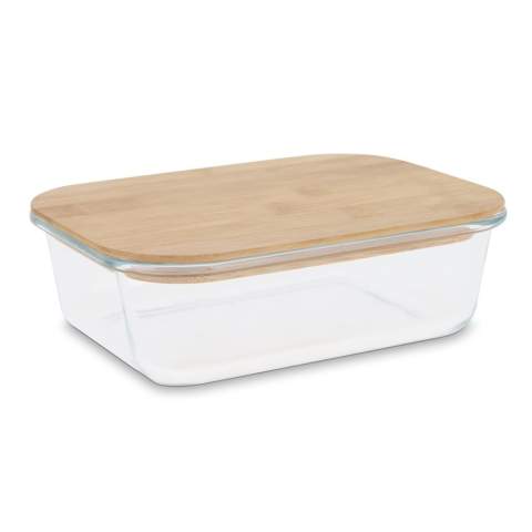 Edle Lunchbox aus Glas mit Bambusdeckel. Diese Lunchbox ist für jede Art von Essen geeignet und lässt sich leicht in Ihrer Tasche transportieren.