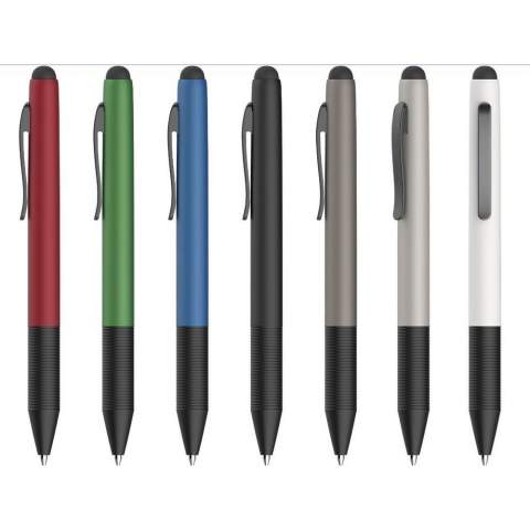 Blue ink, aluminium ballpoint pen in metallic look. With rubber top/pointer to operate touch screens, non-slip rubber grip, metal clip and twist-click system.