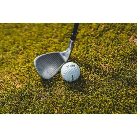 Recycled quality golf balls from the Tomorrow golf brand. These golf balls are made from used golf balls. They have a 100% recycled core (polybutadiene), a soft Surlyn resin outer and a 352 Bee panel pattern.      More than 420 million golf balls are lost worldwide every year. By collecting and recycling these, we can reduce the burden on the environment. Each ball replaces the use of 39 grams of new rubber compared to the production of a traditional golf ball. European design. Made in Europe.  Packed per 12 pieces in a kraft box. The price listed is per ball.