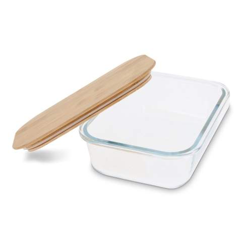 Edle Lunchbox aus Glas mit Bambusdeckel. Diese Lunchbox ist für jede Art von Essen geeignet und lässt sich leicht in Ihrer Tasche transportieren.