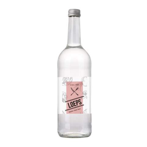 750 ml spring water in a glass bottle with aluminum screw cap.