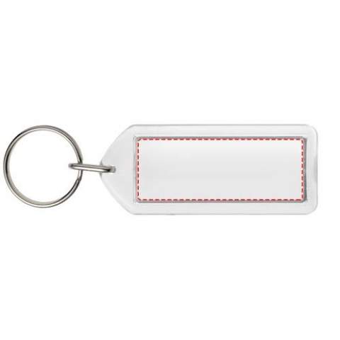 Clear rectangular F1 keychain with metal split keyring. This keychain is reopenable with a coin. The metal looped ring offers a flat profile which is ideal for mailings. Print insert dimensions: 5,0 cm x 2,0 cm.