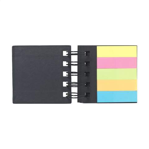Block with approx. 75 self-adhesive memo sheets and 125 writable marking stickers in different colours. Cover made of recycled cardboard. Bound in eye-catching, metal wire-o-binding.