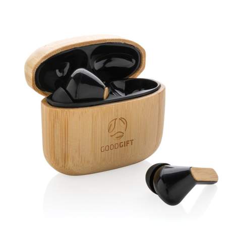 Bamboo true wireless oordopjes en hoesje. De oordopjes en het laadhoesje zijn gemaakt van RCS (Recycled Claim Standard) gecertificeerd gerecycled ABS en FSC® 100% bamboe. Totale gerecyclede inhoud: 28% op basis van het totale gewicht van het artikel. RCS-certificering zorgt voor een volledig gecertificeerde toeleveringsketen van de gerecyclede materialen. De perfect passende oordopjes hebben een batterij van 40 mAh en kunnen binnen 1 uur worden opgeladen in het laadhoesje van 400 mAh. Met automatische koppelingsfunctie, dus gemakkelijk te koppelen aan uw mobiele apparaat. Speeltijd op gemiddeld volume ongeveer 14 uur. Met BT 5.3 voor optimale verbinding. Bedieningsafstand tot 10 meter. Met pick-up en microfoon. Inclusief 3 maten siliconen oortips. Inclusief RCS-gecertificeerde gerecyclede TPE-oplaadkabel. Verpakt in FSC® mix kraftverpakking. Artikel en accessoires 100% PVC-vrij.<br /><br />HasBluetooth: True<br />PVC free: true